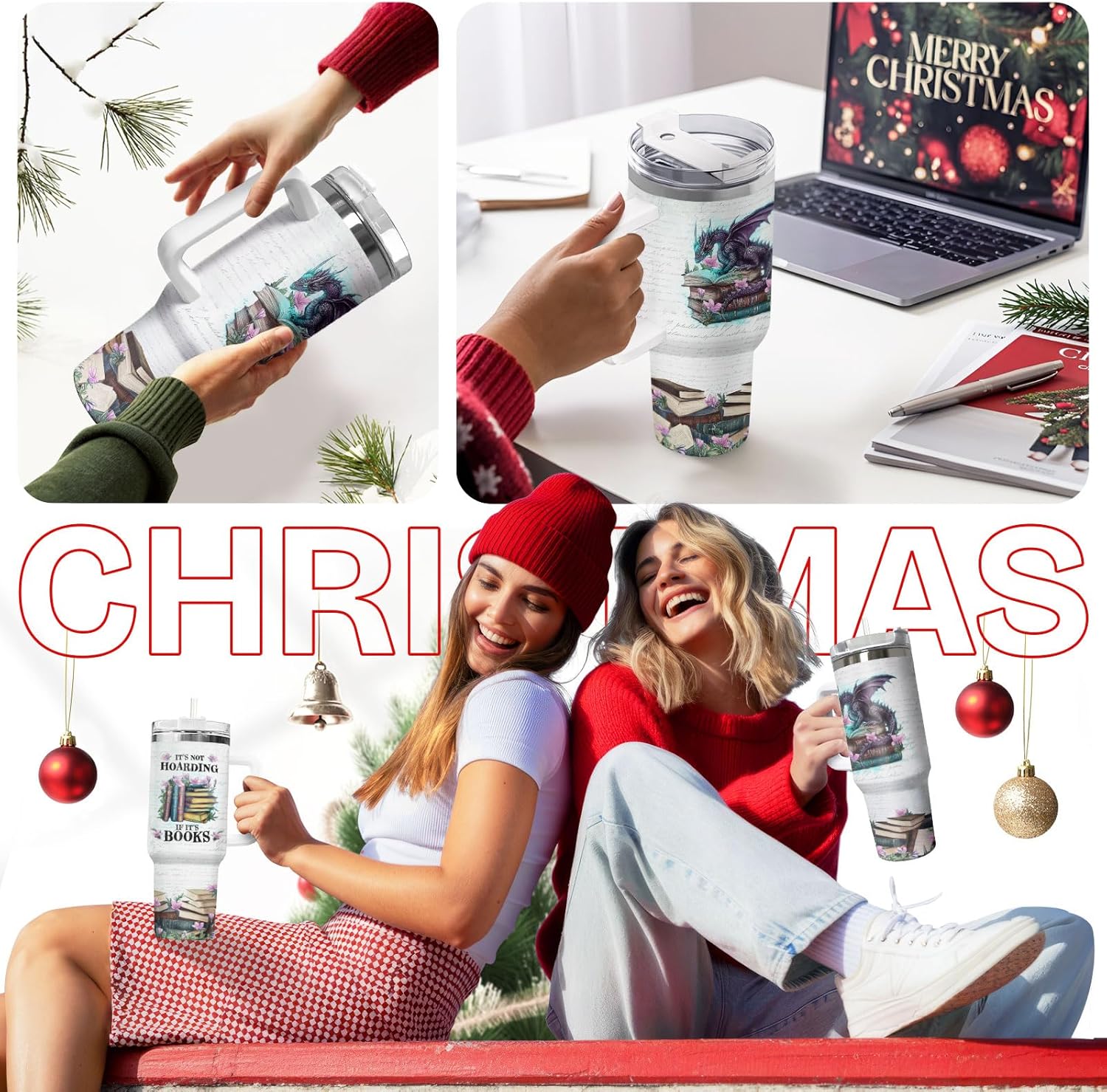 34HD Book Dragon Tumbler 40oz with Handle and Straw, It's Books Fantasy Dragons Design Stainless Steel Insulated Travel Mug, Bookish Items, Book Lover Gift for Readers & Him Her - Image 8