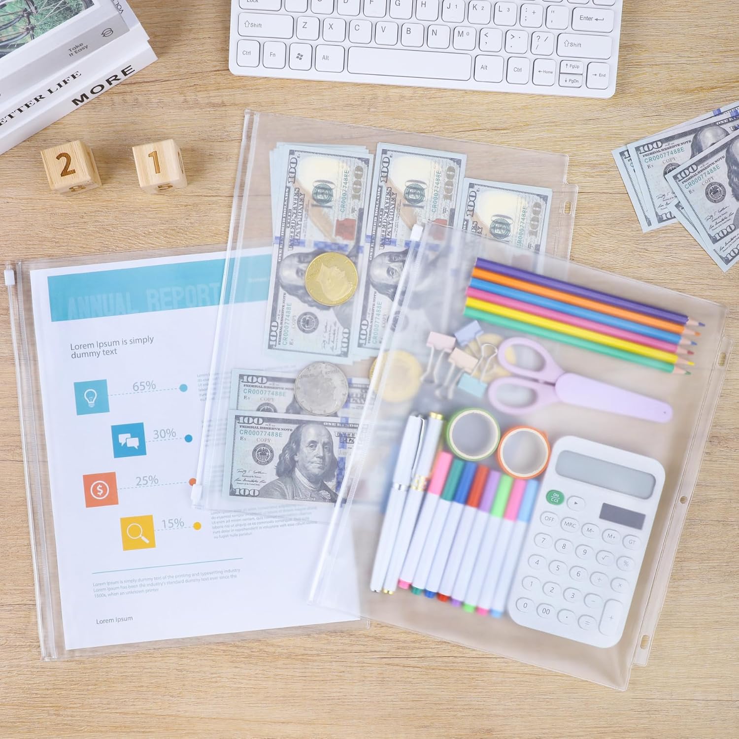 Antner 48 Pack Letter Size Binder Pockets for 3-Ring Binder Zipper Pouch Waterproof PVC Document Organizer 3-Hole Loose Leaf Folders File Sleeves Storage Bags Side Loading for Business Office Supplies