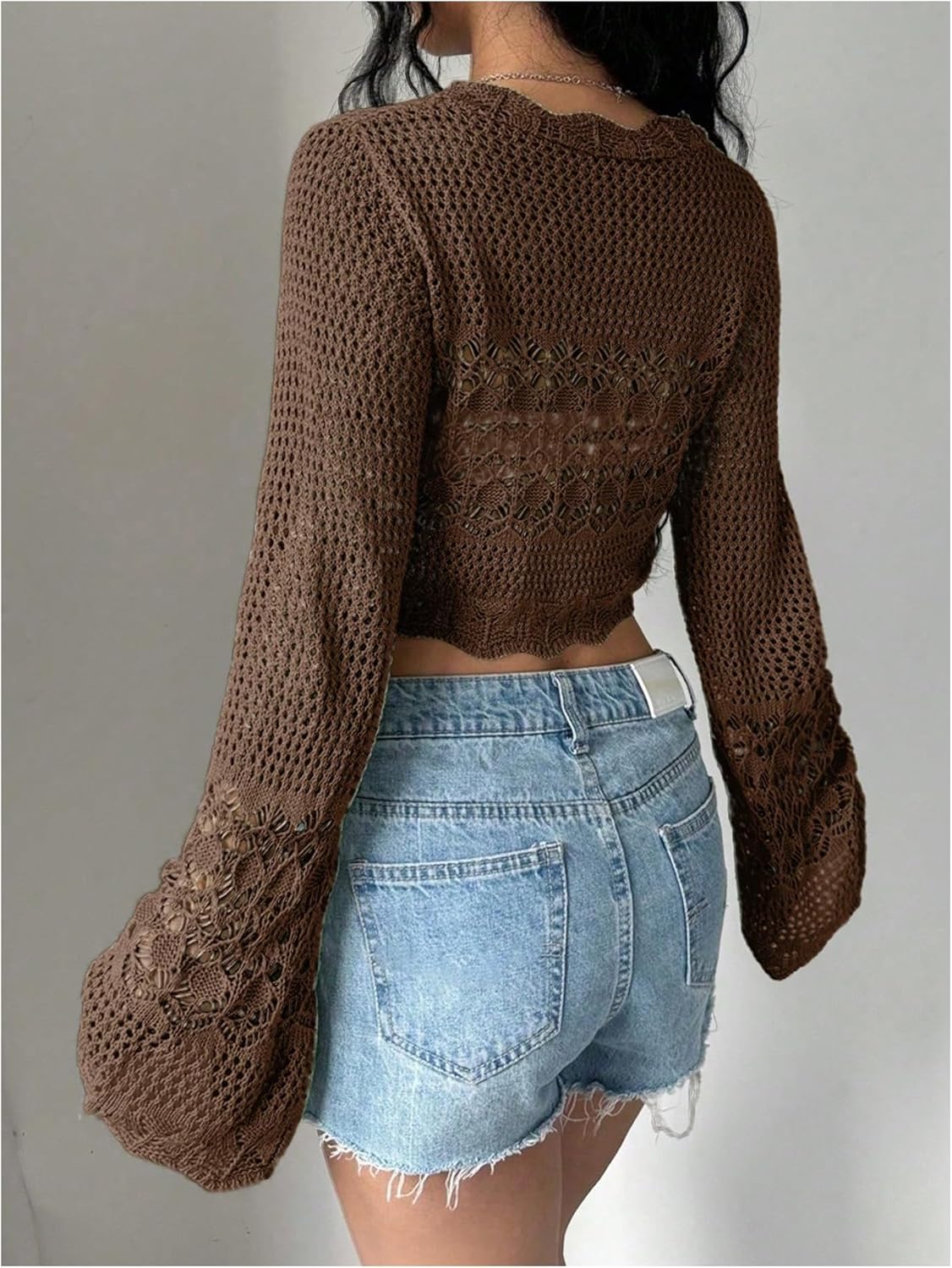 SHENHE Women's Hollow Out Tie Up Bell Sleeve Cropped Cardigan Sheer Crochet Shrug Bolero - Image 2