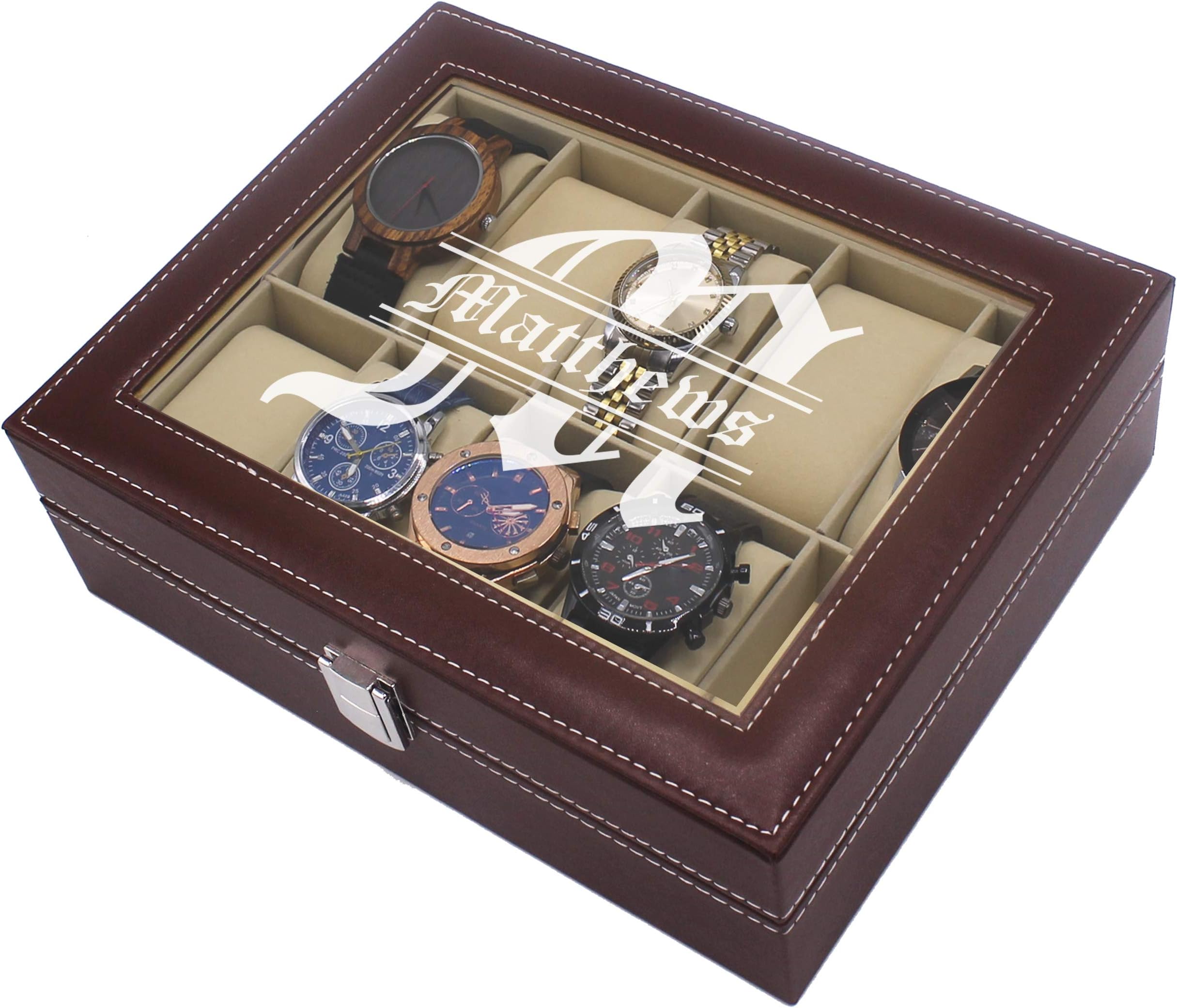 My Personal MemoriesMy Personal Memories, Custom Personalized Watch Storage Box Case - Name Initial - Groomsmen Fathers Day Gift - Engraved (Brown)