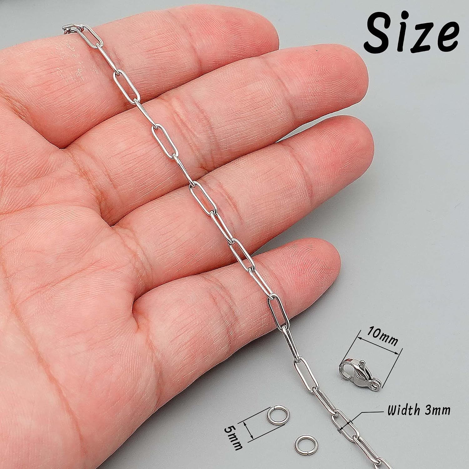 THREENEST 16.4-Feet 3mm Stainless Steel Paperclip Chains with 10 Lobster Claps+25 Jump Rings, Soldered Cable Long Craft Chain for Necklace Bracelet Earring Jewelry Making (Steel) image 2