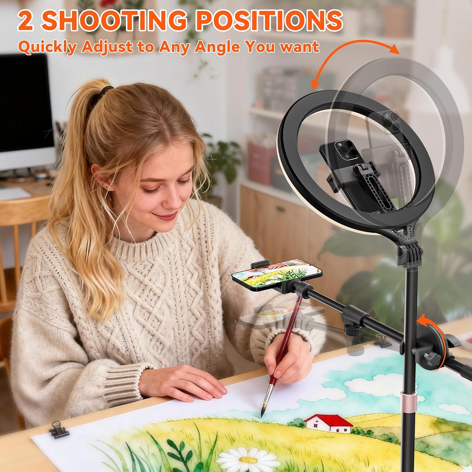 Ring Light with Stand is an Adjustable 11" Desk Ring Light,Featuring Overhead Phone Mount and Overhead Camera Mount with Light,Designed for Video Recording,YouTube,TikTok,Live Streaming