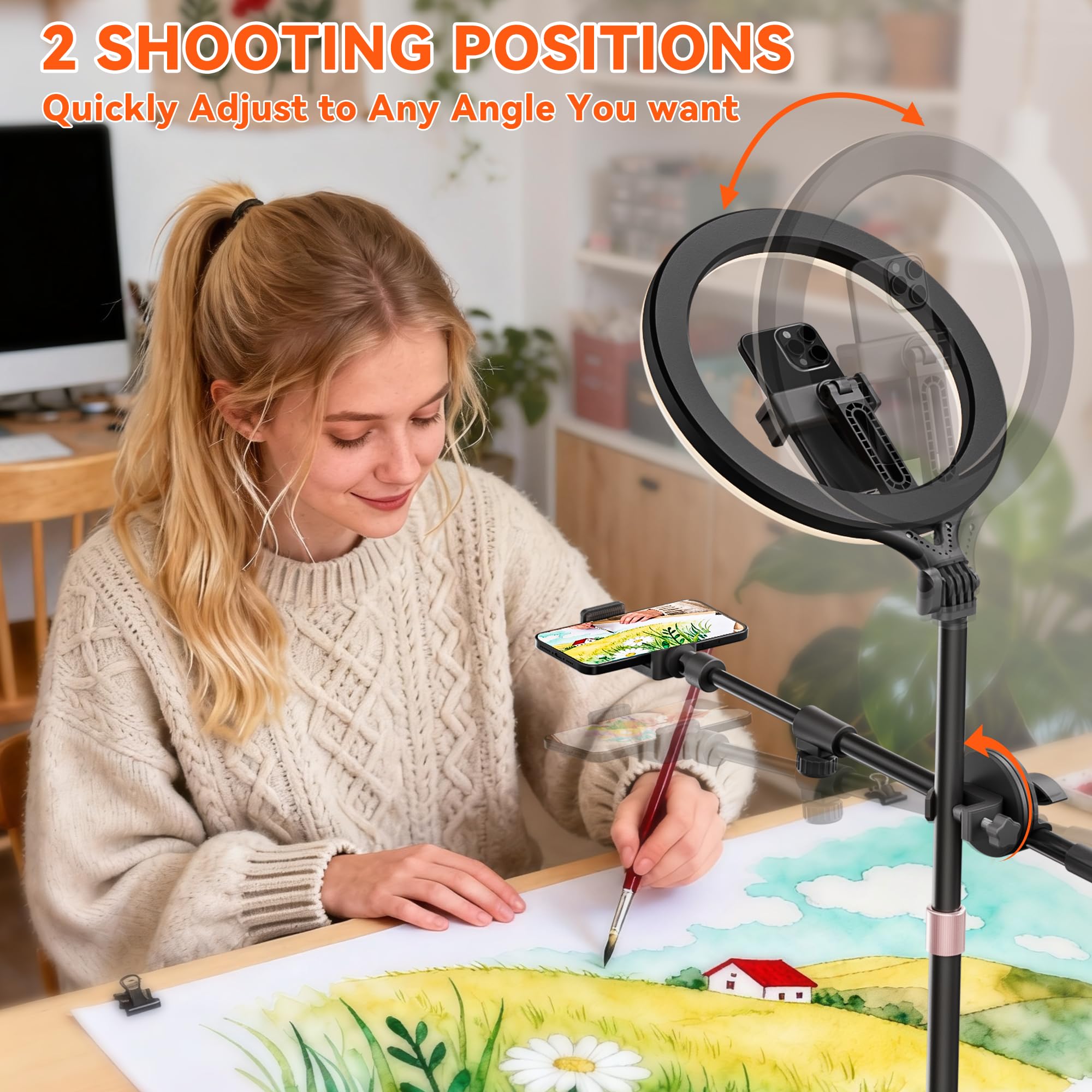 Luce ad anello da scrivania da 28 cm con supporto, supporto per telefono per fotografia alimentare, registrazione video, riunioni zoom, YouTube, TikTok