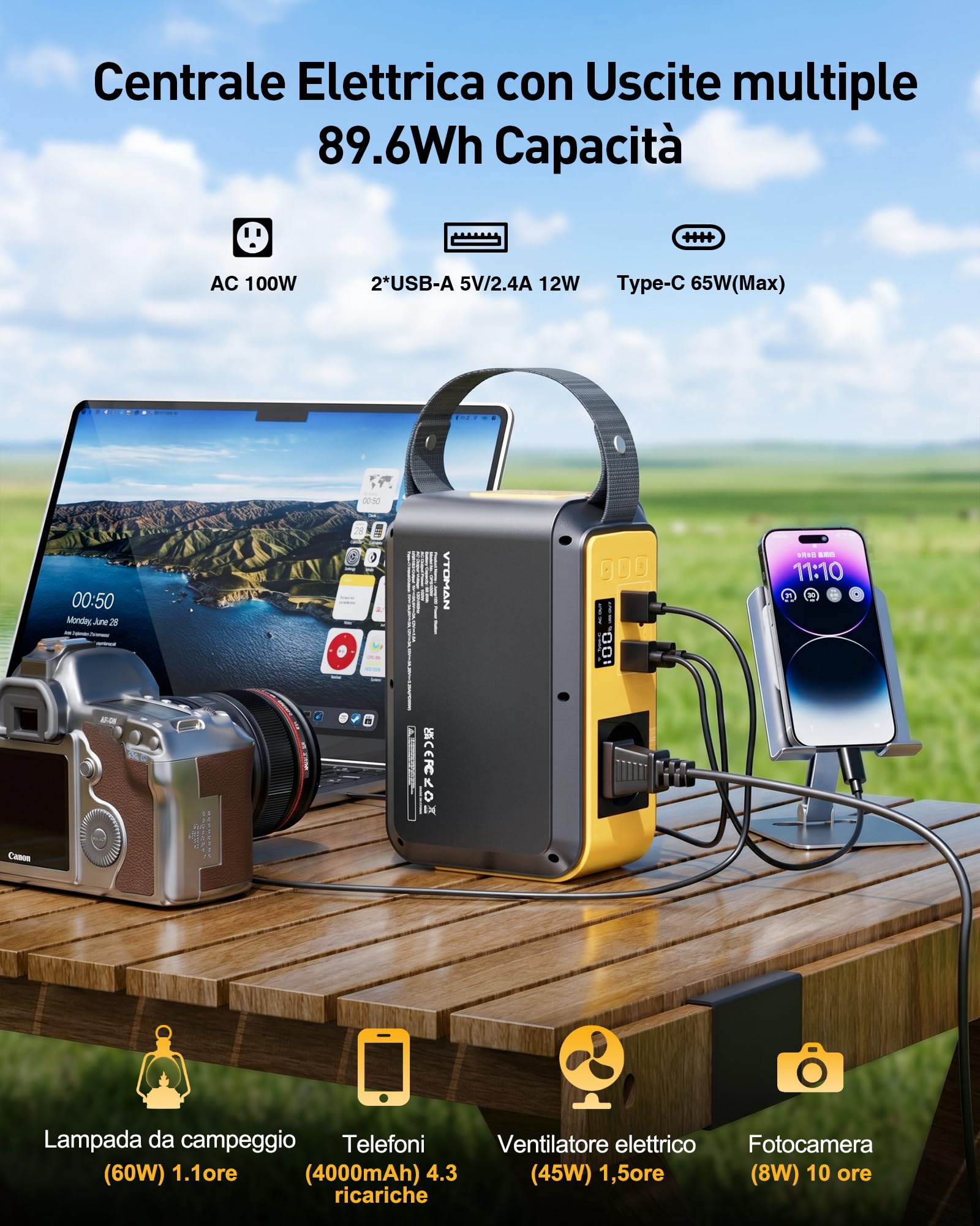 VTOMAN Jump 100 Centrale Elettrica Portatile 100W/89.6Wh - Generatore Solare, Batteria LiFePO4, Presa e PD 65W Ricarica Rapida,Piccolo e leggero per ampeggio, viaggio a piedi