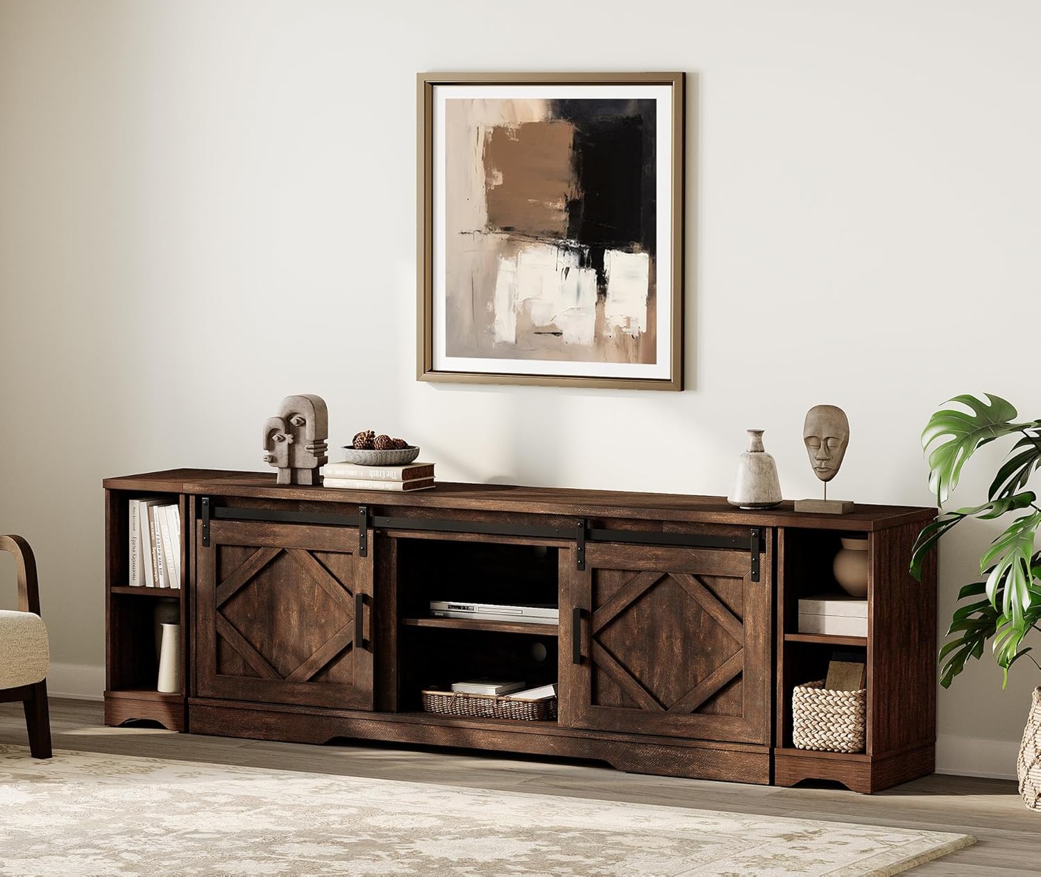 WAMPAT 3-in-1 Modern Farmhouse TV Stand for up to 95" TV, 25.6" H Wood Entertainment Center with Sliding Barn Door and Adjustable Media Storage Shelf for Living Room, Dark Walnut Brown