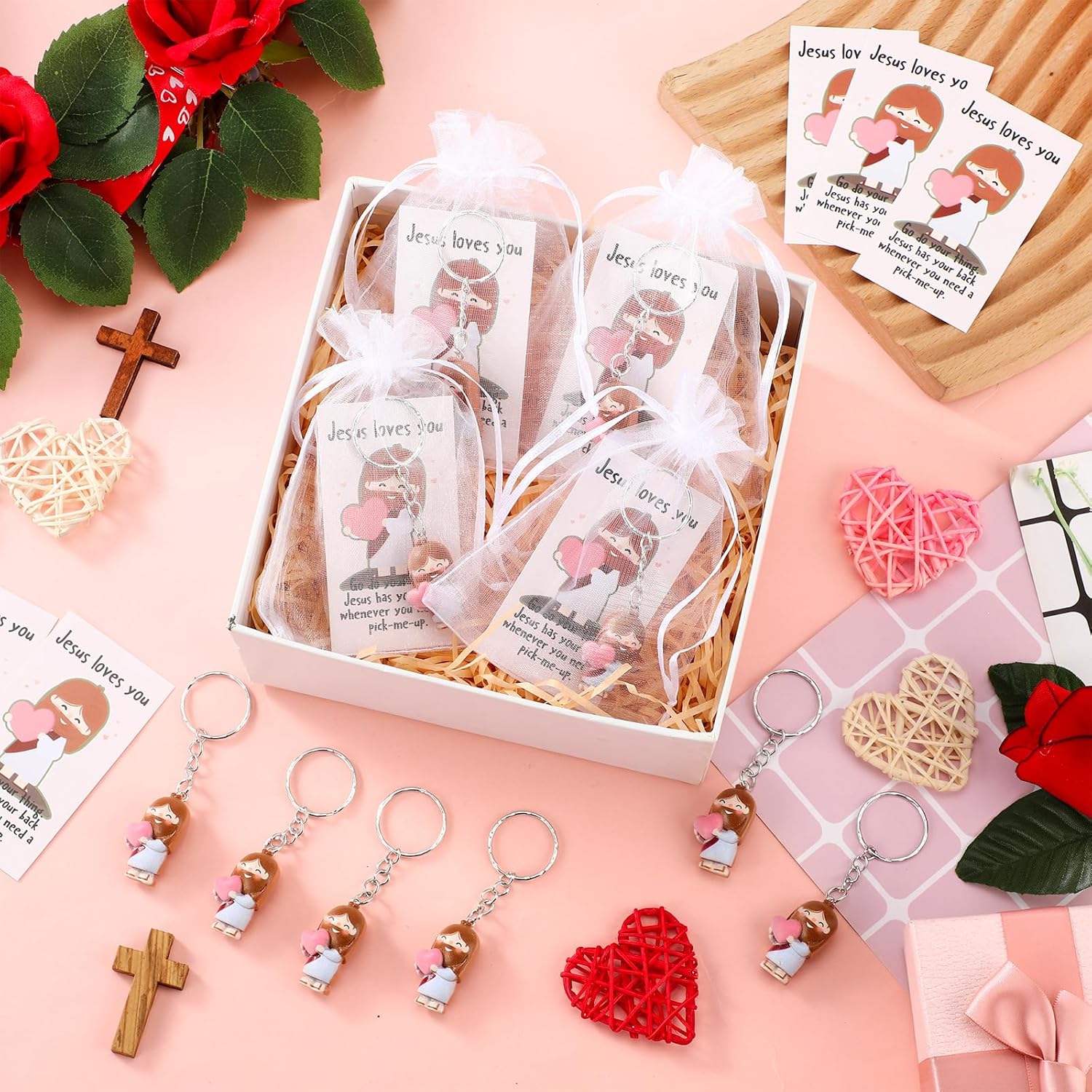 Easter Mini Jesus Loves You Figure Bulk Pocket Prayer Keychain Christian Card for Religious First Communion Gift