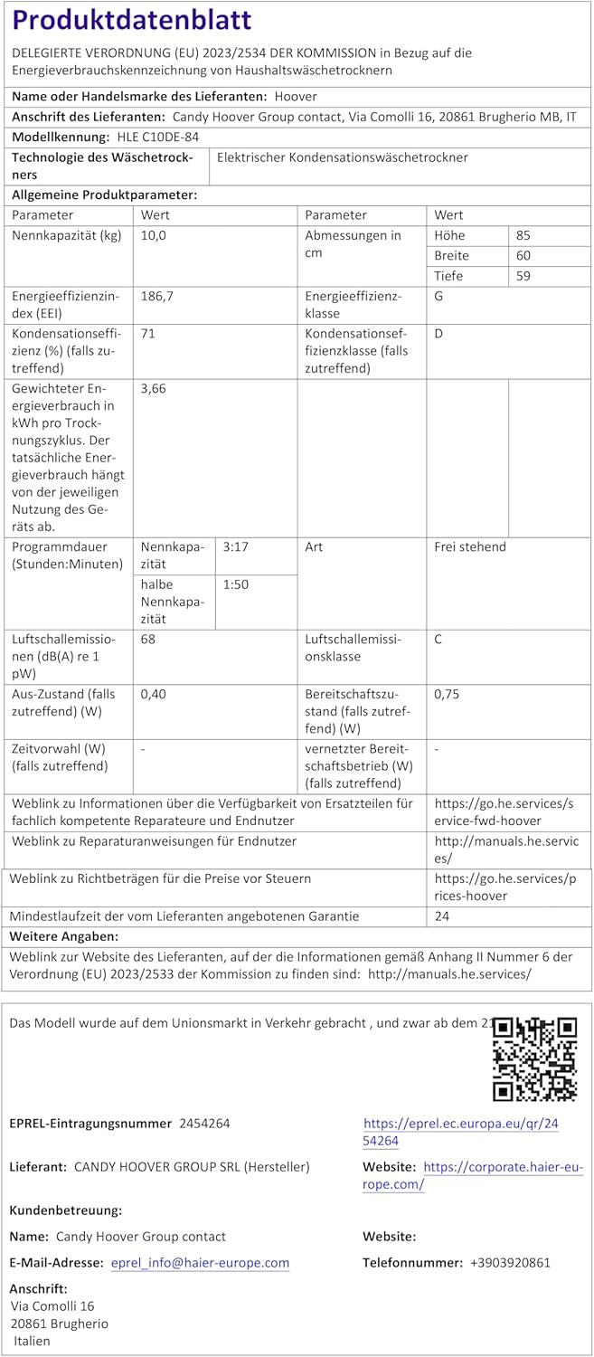Hoover H-DRY 300 Lite HLE C10DE-84 EU Energy Label