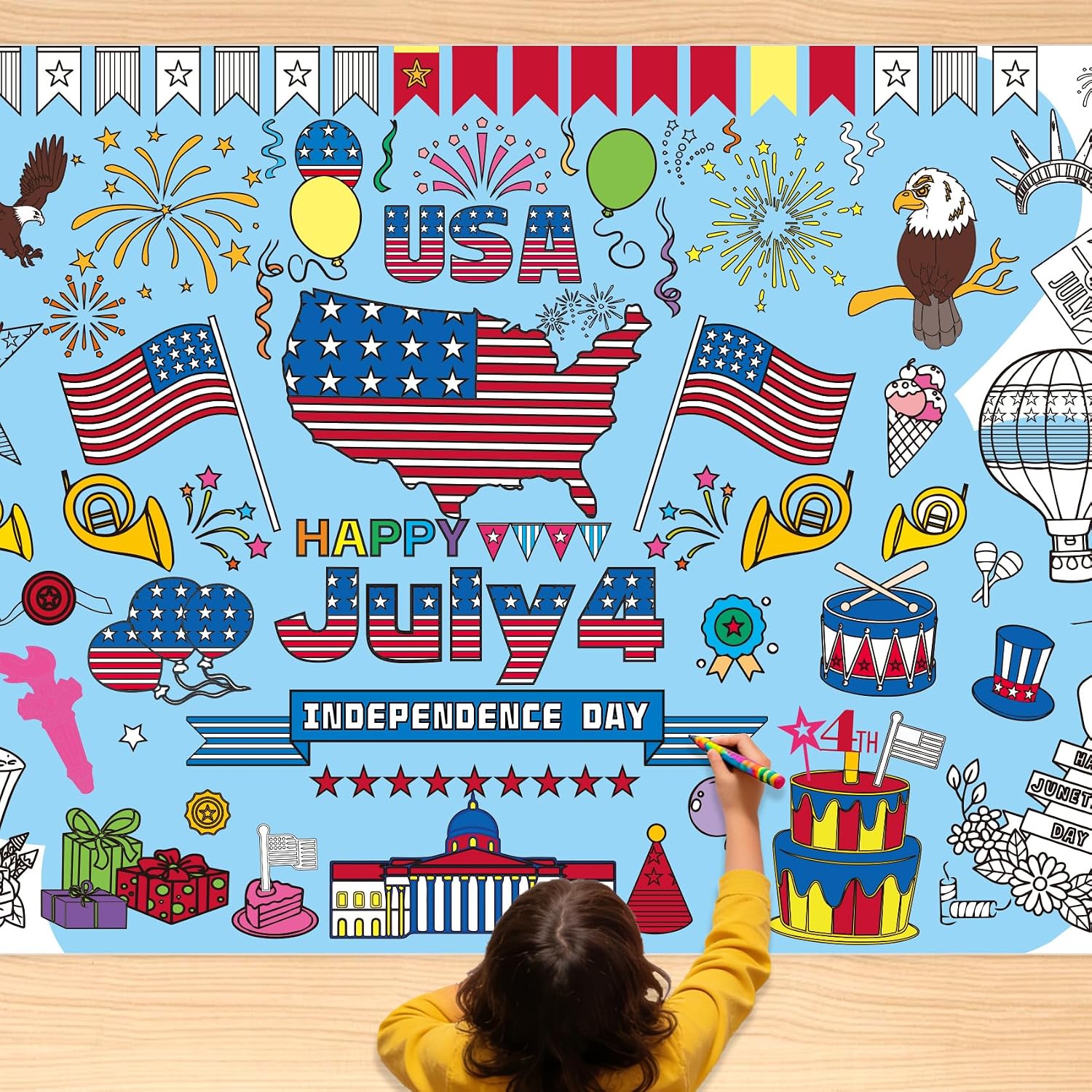 4th of July Coloring Tablecloth/Poster, 4th of July Crafts for Kids, 72" X 30" Gaint Paper Patriotic Coloring Tablecloth Crafts Games Activities, DIY Fourth of July Party Decorations Supplies Gifts