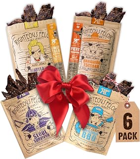 Righteous Felon Beef Jerky & Meat Sticks Variety Pack | Gluten Free Beef Jerky Snack Packs for Adults | High Protein, Keto, Low Sugar | Made with Premium Meats | Gifts for Men | Spicy Jerky 6 Pack