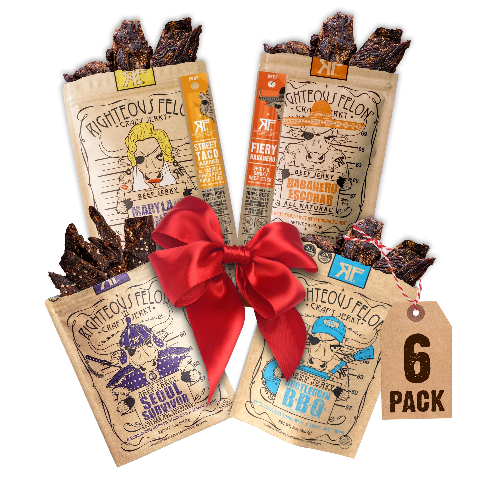 Righteous Felon Beef Jerky & Meat Sticks Variety Pack | Gluten Free Beef Jerky Snack Packs for Adults | High Protein, Keto, Low Sugar | Made with Premium Meats | Gifts for Men | Spicy Jerky 6 Pack