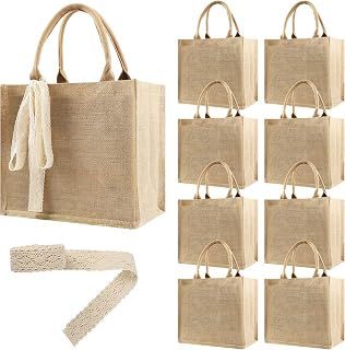 8 Pcs Burlap Tote Bags Bulk, Reusable Jute Tote Bag with 10Yd Ribbon Blank Burlap Gift Bag with Handle Waterproof Beach Tote Bag for Shopping Bridesmaid Gifts Bags 12.2''x10.6''x6.3''