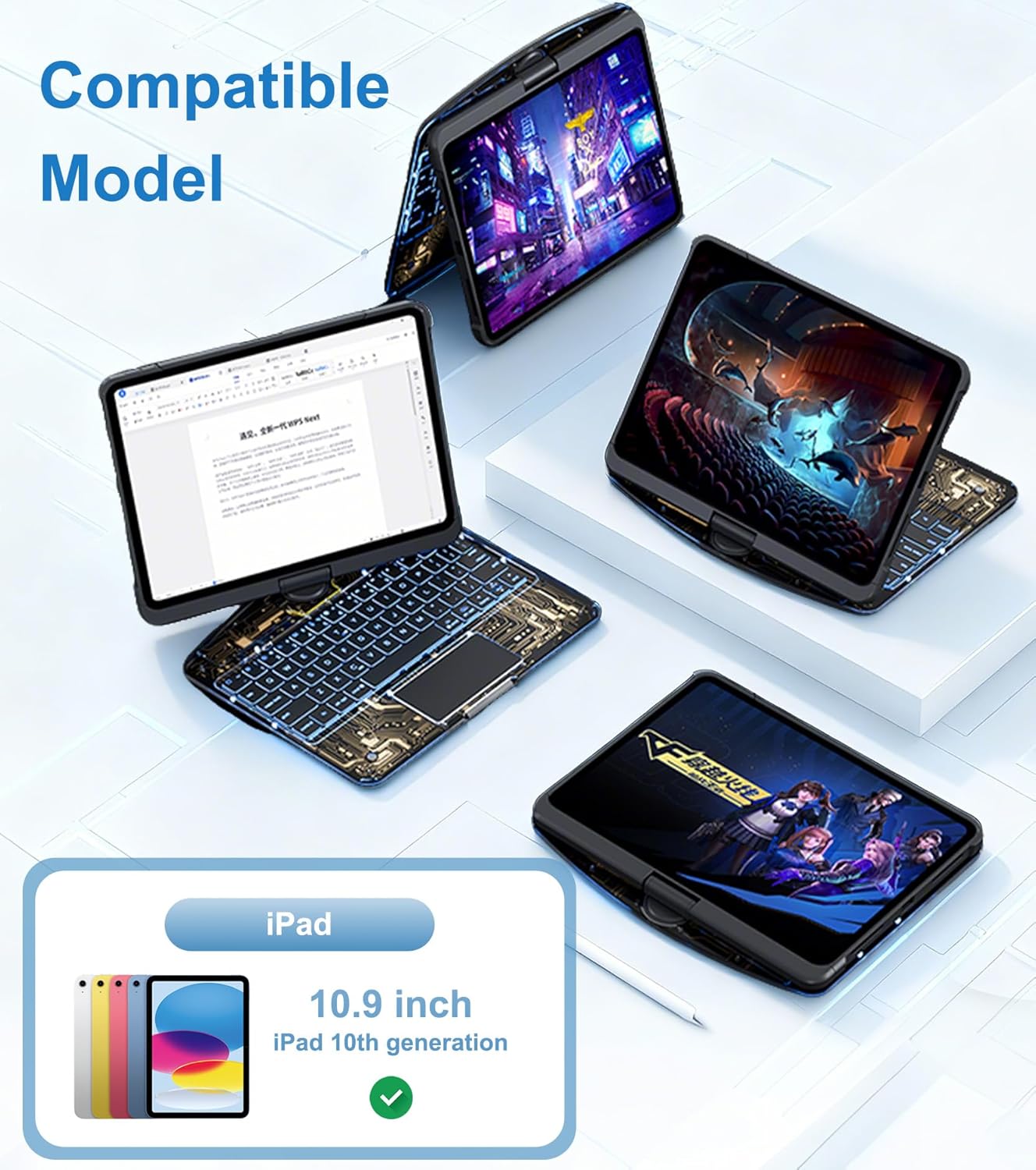 Transparent Case with Wireless Keyboard for 10.9in iPad 10th, 3-Brightness & 7-Color, 360°Rotating,trackpad, Pencil Holder, Power Indicator, Black