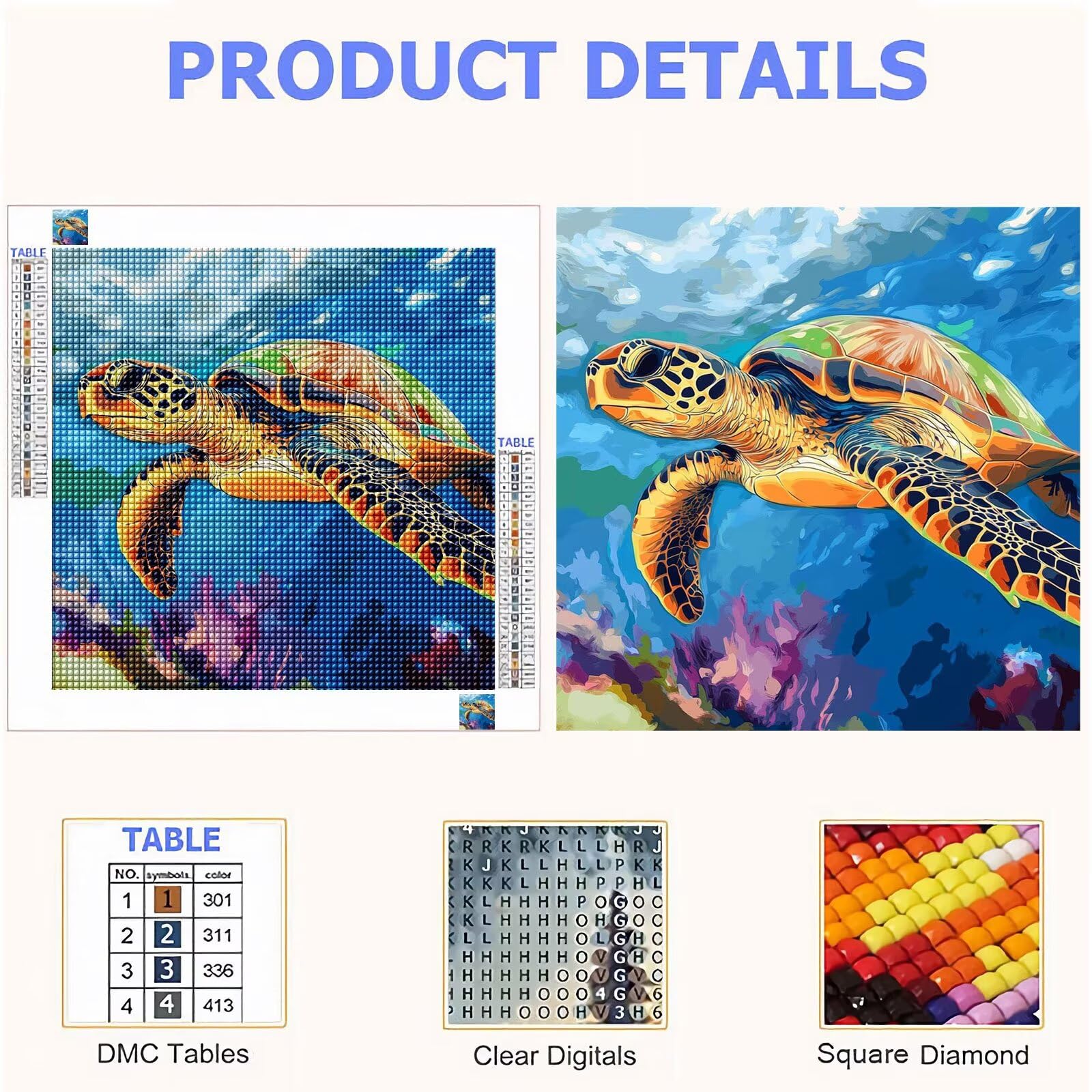 Broderie Diamant Kit Complet 5D, Abstrait Diamond Painting Adulte Plein Foret, Peinture Diamant pour Enfant Débutant, Loisirs Créatifs de Détente et Décoration Maison, Tortue de mer 90x90cm FX#35
