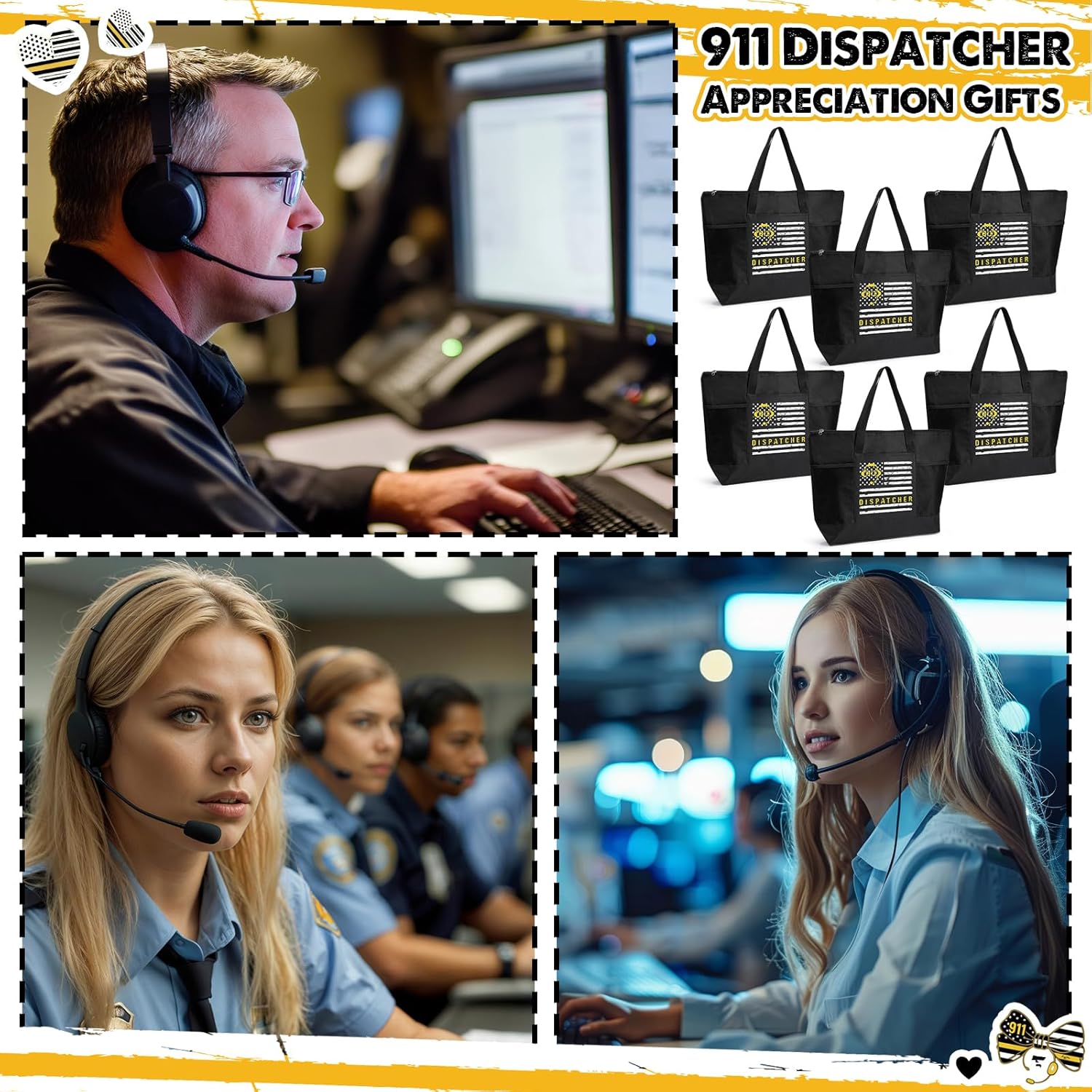 6 Pcs 911 Dispatcher Appreciation Tote Bags with Mesh Pocket for Women Men Thank You Gift for 911 Dispatcher Week