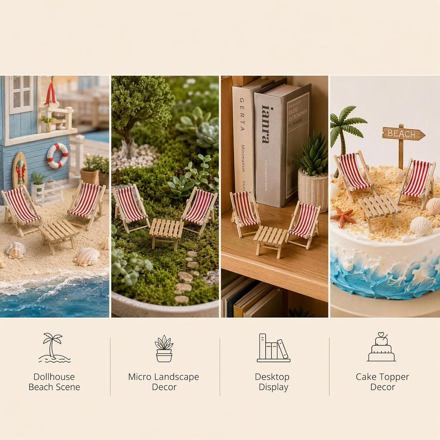 3Pcs Miniature Beach Lounge Chair Table 1:12 Dollhouse Accessories, Red image 3