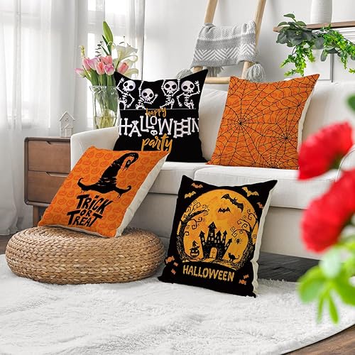 Miniatura 7 de Juego de 4 fundas de almohada de Halloween de 18 x 18 pulgadas, decoración de Halloween para interiores, suministros de fiesta, decoración del