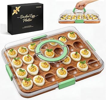 Deviled Egg Containers with Lid, Acacia Wooden Base with 28 Slots | Portable Deviled Egg Platter Carrier Holder Trays, Elegant appearance, Strong Durability, for Party and Home Kitchen