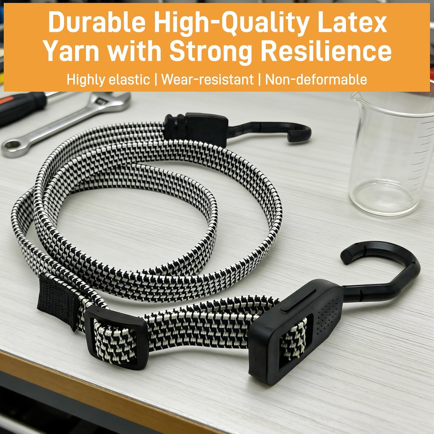 4 Pack 48 Inch Flat Bungee Cords with Hooks, Heavy Duty Adjustable Black Bungee Straps with Metal Buckle Hooks, Rubber Bungee Cords for Outdoor, Camping, Tarps, Tent, Bike Rack, Truck