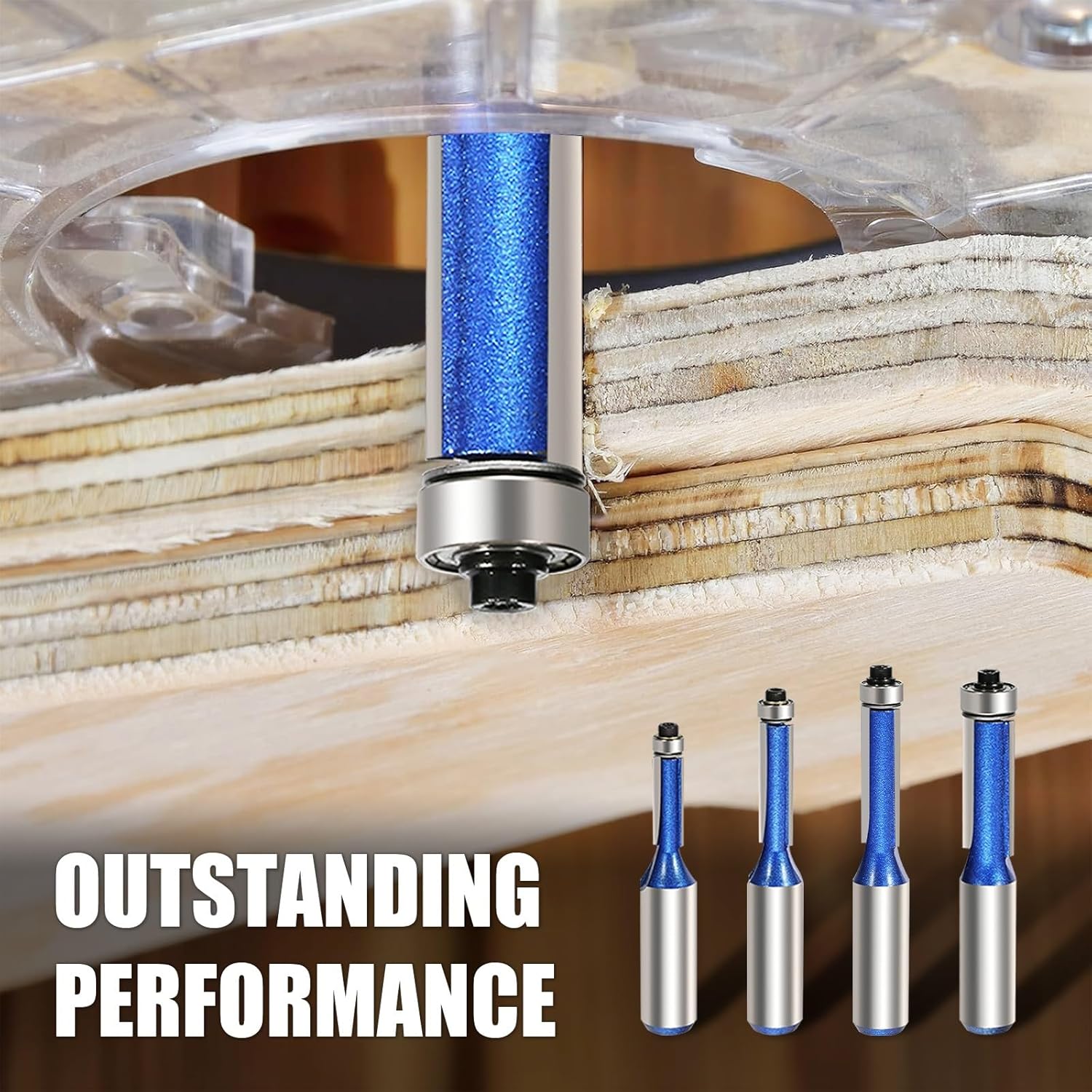 Straight Flush Trim Router Bit Set 1/2 Inch Shank 4PCS, Top Bearing Guide Woodworking Milling Cutter Tool for Wood Trimming, Template Work - 1/4", 5/16", 3/8", 1/2" Cutting Dia