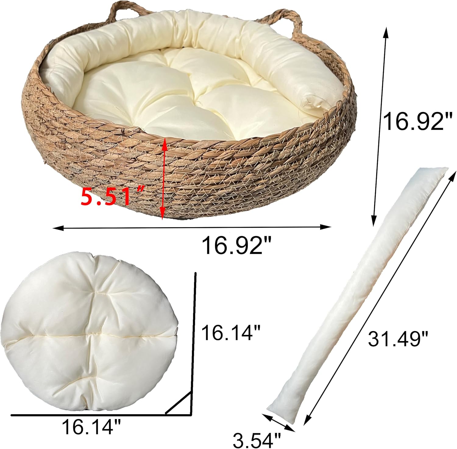 Handmade Grass Woven Bed for Cat/Dog/Pet | Cat Ear Socket Shape | Cotton Pad | Circumferential Pillow | (L, White)