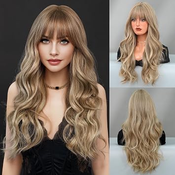Honey Blonde Wig With Bang For Women Bleach Light Blonde Long Wacy Wig 27 Inches Heat Resistant Natural Looking Glueless Wigs for Girls Daily Party