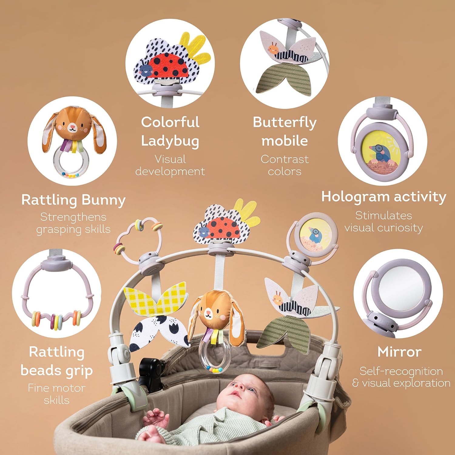 Taf Toys Baby Activity Arch, Stroller and Car Seat Toy Attachment with Rattling Beads Maze and Double-Sided Spinning Mirror, Ideal for Baby’s Fine Motor Skills Development, 0-12 Months