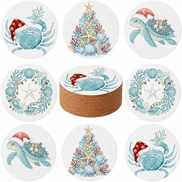 8 Pcs Blue Christmas Coastal Ceramic Coasters, Cork Base Ocean Gifts