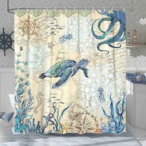Miniatura 2 de Aipon Cortina de ducha náutica de tortuga marina, pulpo, playa, playa costera, concha, medusas, tela impermeable, para decoración de baño, cortina