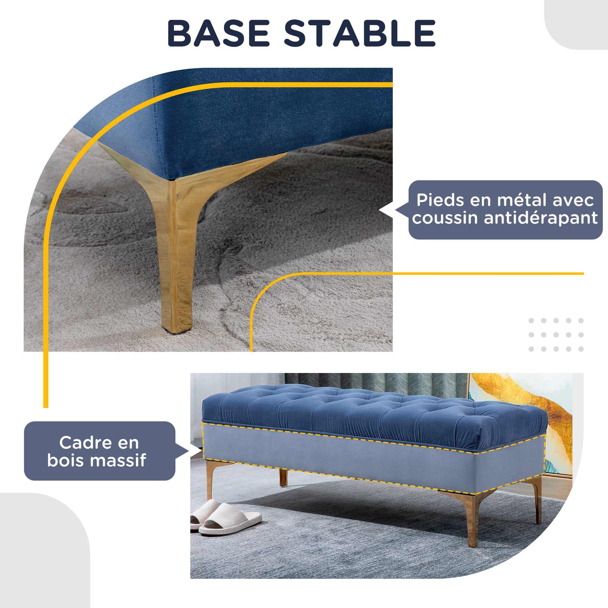HOMCOM Banc Banquette capitonnée Bout de lit Style Classique Chic dim. 118L x 45l x 42H cm piètement métal doré Velours Bleu