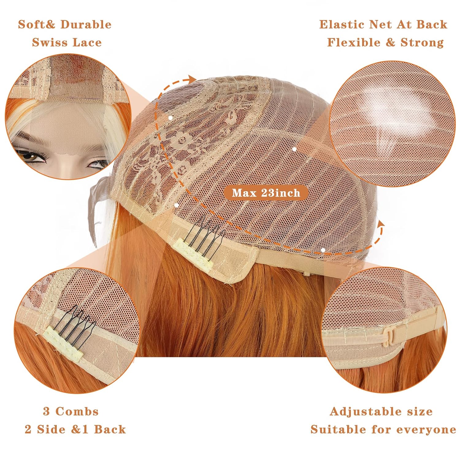 Long Orange Wavy Wigs For Women Highlight Color Orange Mixed Blonde 24 Inch Synthetic Curly Wavy Wig Natural Looking Heat Resistant Hair For Daily Party Cosplay Halloween Use