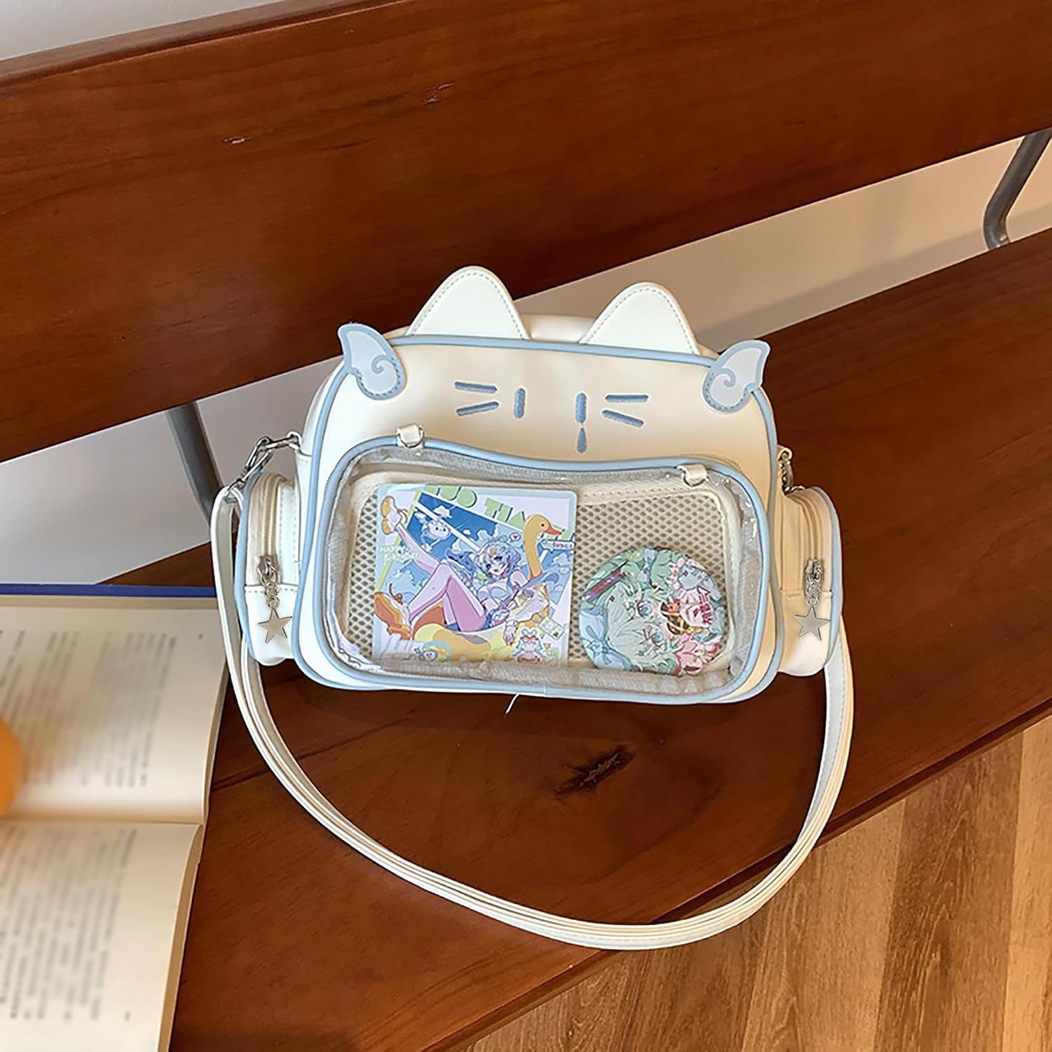 Cute Cat Ita Bag Backpack – Kawaii Pin Display Crossbody Bag for School & Cosplay, White - Image 9