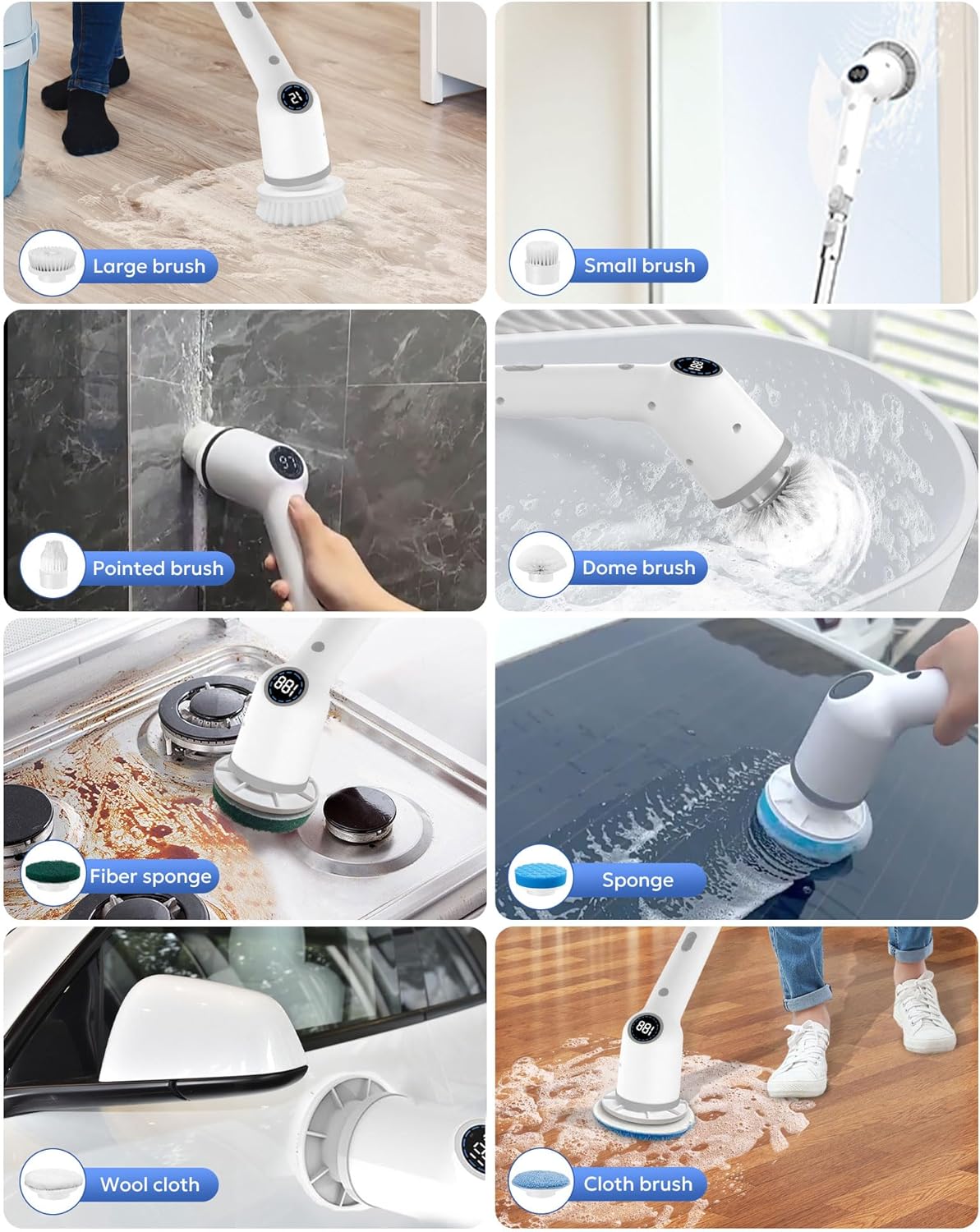 Electric Spin Scrubber for Bathroom,Shower Cleaning Brush,Cordless Shower Scrubber with 8 Replaceable Brush Heads and Adjustable Extension Handle,3 Adjustable Speeds for Kitchen Car, White