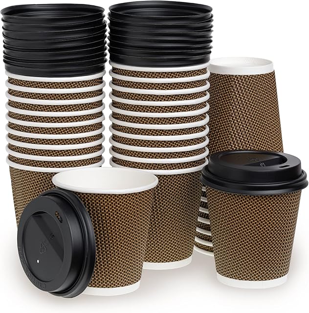 STACKABLES 30 Pack Triple Wall 10oz Disposable Paper Cups with Lids Coffee Cups with Lids Dark Brown Cup for Hot Coffee, Tea & Cold Drinks