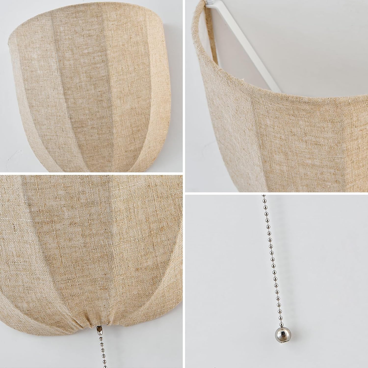 Rustic Wall Sconce Light with Pull Chain, Modern Farmhouse Wall Light Fixtures Set of 2, Fabric Wall Lamps for Bedroom Kitchen Bathroom Living Room