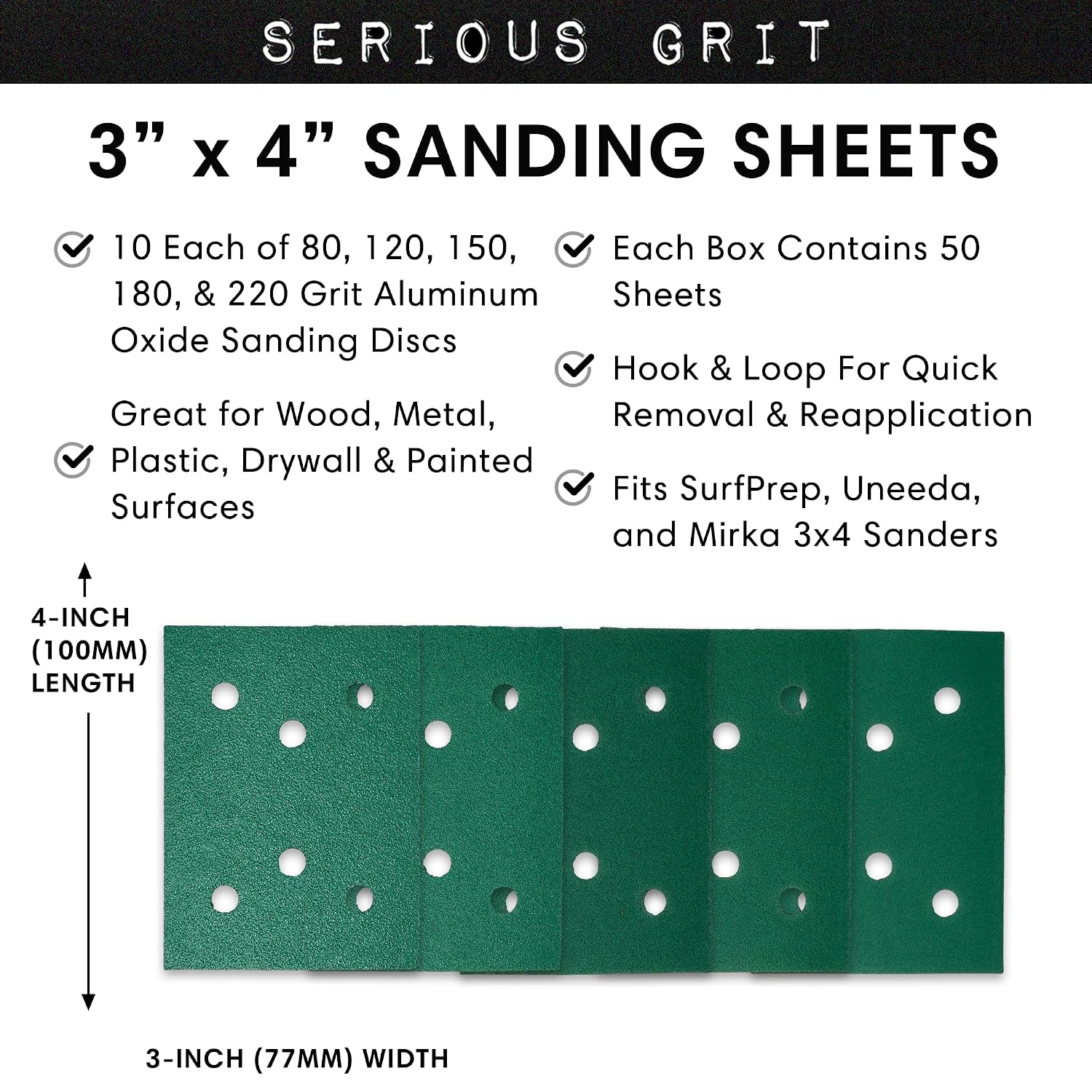 Serious Grit - 3" x 4" 6-Hole Assorted Grit Sanding Sheets - 80, 120, 150, 180, 220 Grit (10 of Each) - Fits Surfprep, Uneeda Ekasand, Mirka DEOS 343 - Sandpaper for 3x4 Sheet Sanders - 50 Pack Box