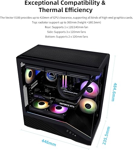 Lian Li Case per PC Mid-Tower V100 ATX, 4 ventole ARGB PWM da 120 mm preinstallate, striscia LED RGB, piattaforma display con vetro temperato, supporto GPU da 420 mm, radiatore da 360 mm, flusso - 3