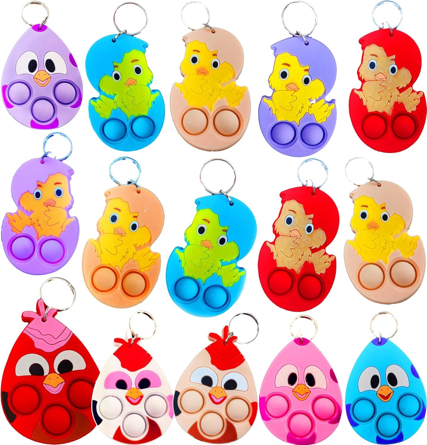 24 Packs Bulk Eggs Chickens Backpack Keychain Mini pop Fidget Easter Party Favors School Students Bubble Prizes