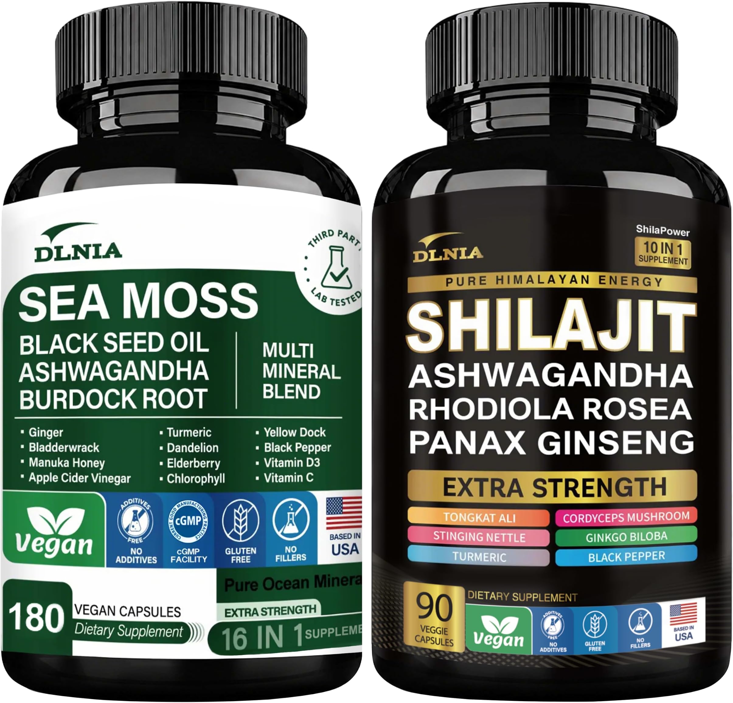 DLNIA Sea Moss & Shilajit Bundle – 270 Capsules | 90-Day Supply | Irish Sea Moss, 75% Fulvic Acid Himalayan Shilajit, Black Seed Oil, KSM-66® Ashwagandha, Tongkat Ali, & Multi-Mineral Daily Wellness