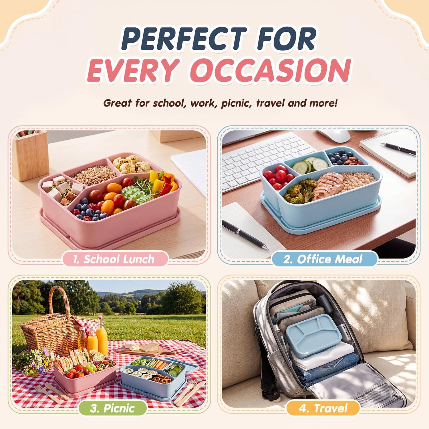 Ziliny 2 Pcs Silicone Bento Box Reusable Lunch Container, Classic Colors 2 image 5