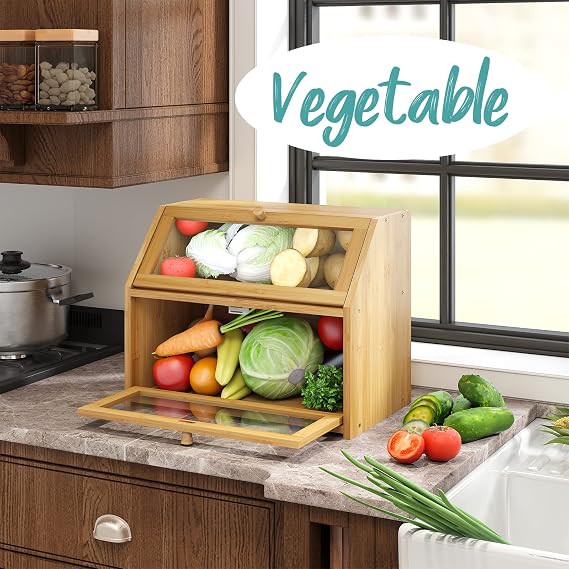 Large Bread Box,Bamboo Wood for Kitchen Counter, Corner Bread Box, Large Capacity Bread Storage Bin