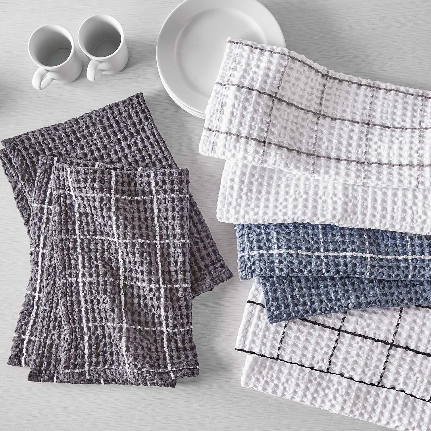Sur La Table Washed Waffle Kitchen Towels – Set of 2 Ultra-Absorbent 28" x 20" Cotton Dish Towels with Soft Textured Weave, Non-Scratch, Machine Washable for Everyday Use, Charcoal