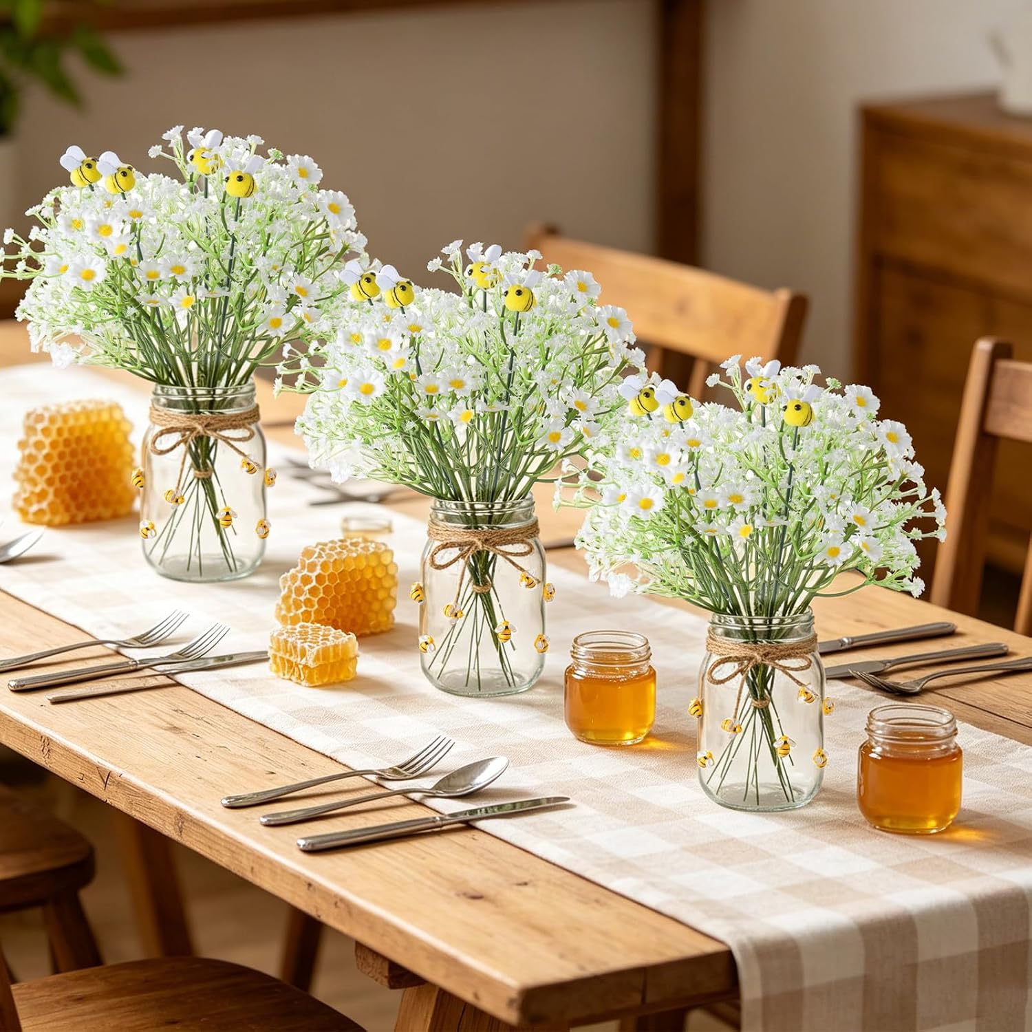 6 Sets 89 Pcs Bee Themed Party Honeybee Table Centerpieces Mason Jar Rustic Farmhouse Supplies Resin Bee Artificial Daisy Babys Breath Artificial Flowers Rope for Baby Shower Birthday Garden Party
