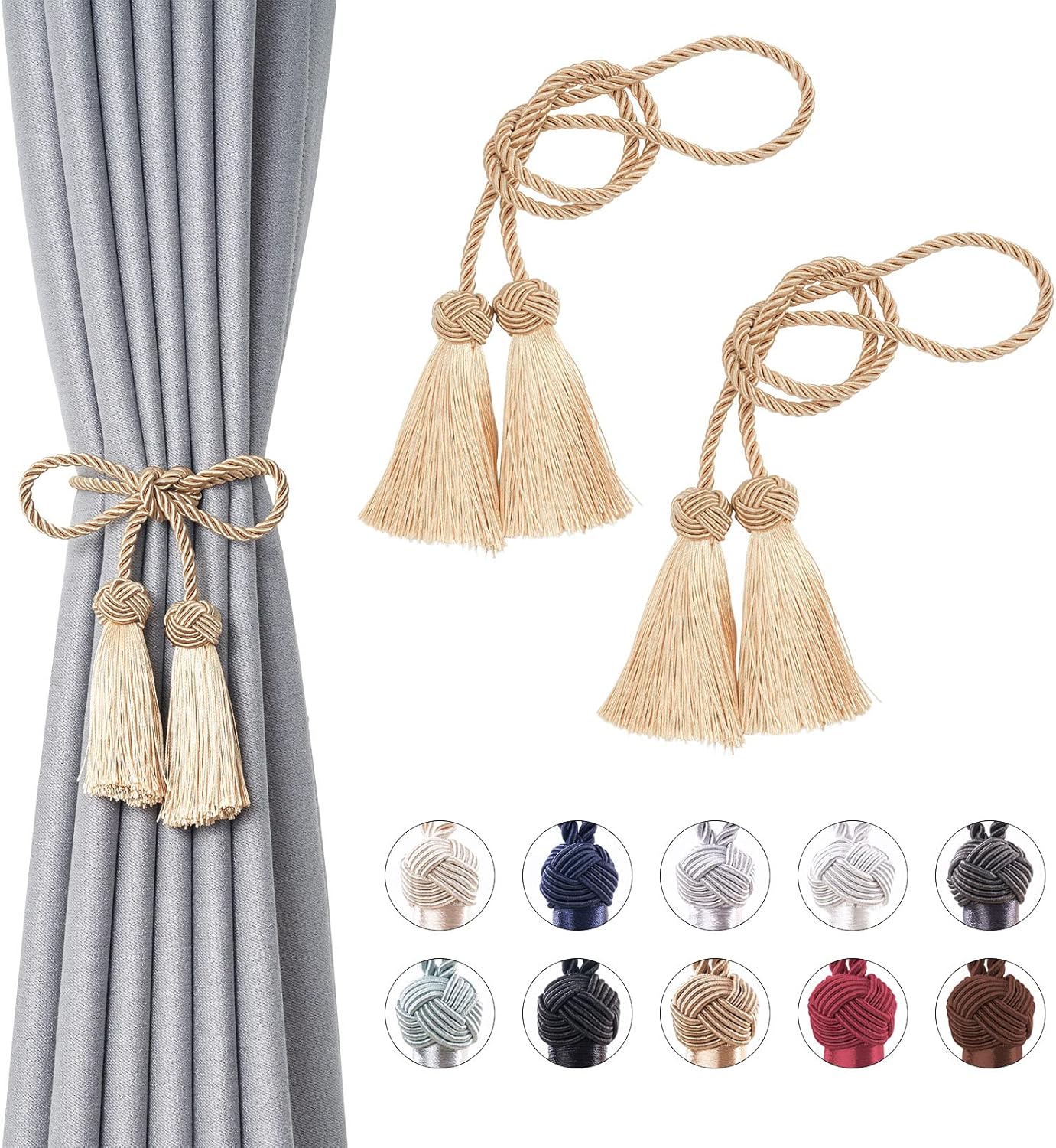 Pretty Jolly 2 Pack Double-ended Tassel Curtain Tiebacks Handmade Braided Rope Knot Drape Tie Backs European Style Decorative Curtain Holdbacks for Home & Office Window Drapery (Gold)