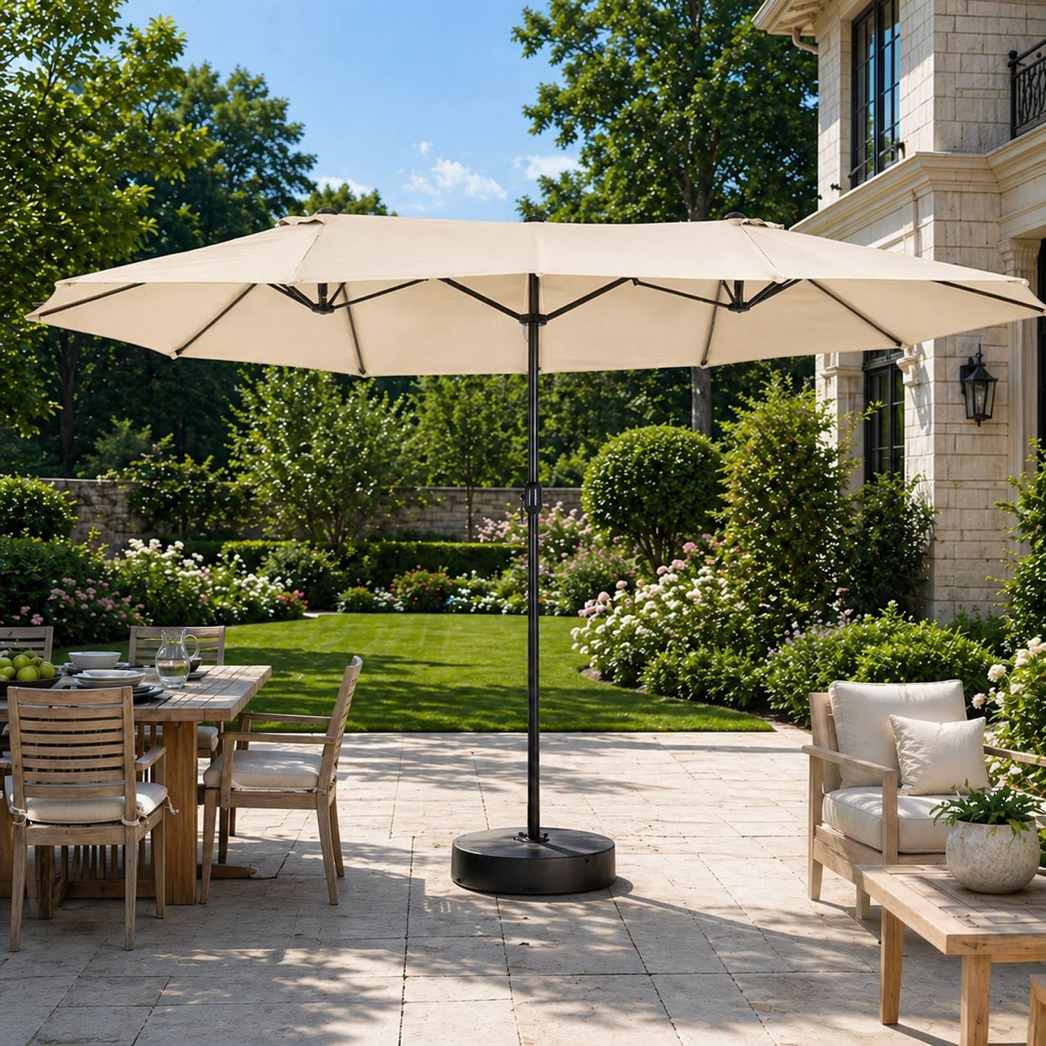 Ombrellone Doppio Da Giardino Parasole 4.6 x 2.4 M Per Esterno Piscina Terrazzo Con Palo In Acciaio E Tessuto In Poliestere Impermeabilie Anti UV Apertura A Manovella Colore Beige