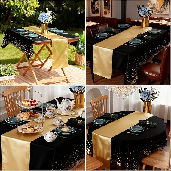 SHUESS 8 PCS Black and Gold Table Cloths Disposable - 137 x 274cm Plastic Table Cover - Decorative Rectangle Tablecloth for Party, Birthday, Christmas