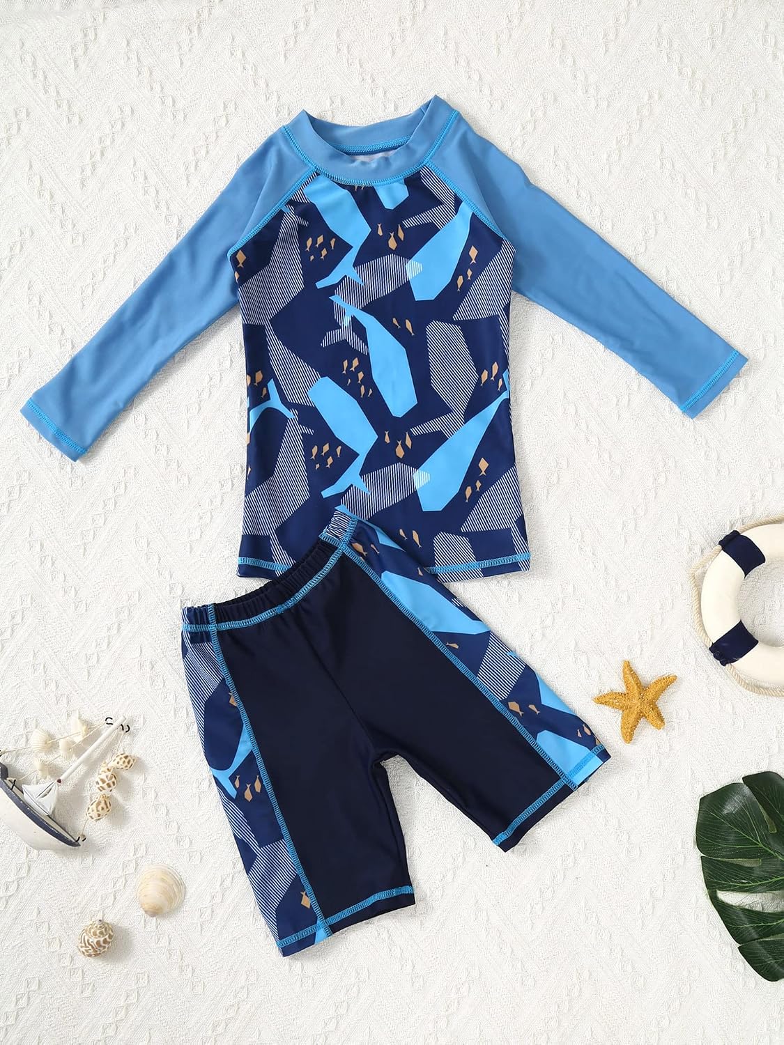 Kids Boys Long Sleeves Rashguard Swimsuit Tankini Shirts with Boyshorts Bathing Swimming Suit Sun Protection Navy Blue Shark 2-3 Years