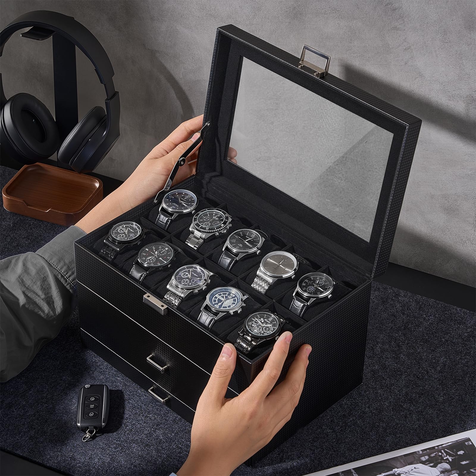 ProCase Organizadora para Relojes para Hombre, 20 Ranuras Caja Organizadora de Joyería de 3 Capas con Cajón Estuche de Almacenaje con Tapa de Cristal Vitrina Expositor -Negro Puro