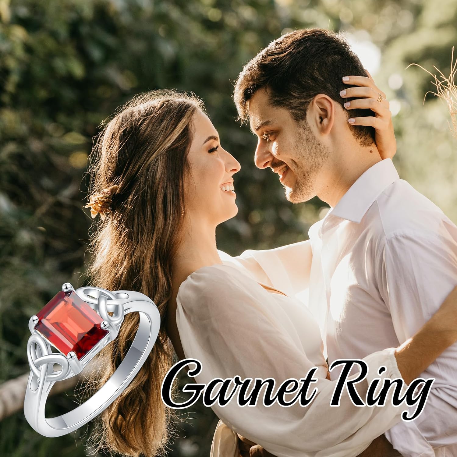 Celtic Knot Ring for Women 925 Sterling Silver Emerald Cut Red Garnet Engagement Promise Ring for Her Ladies