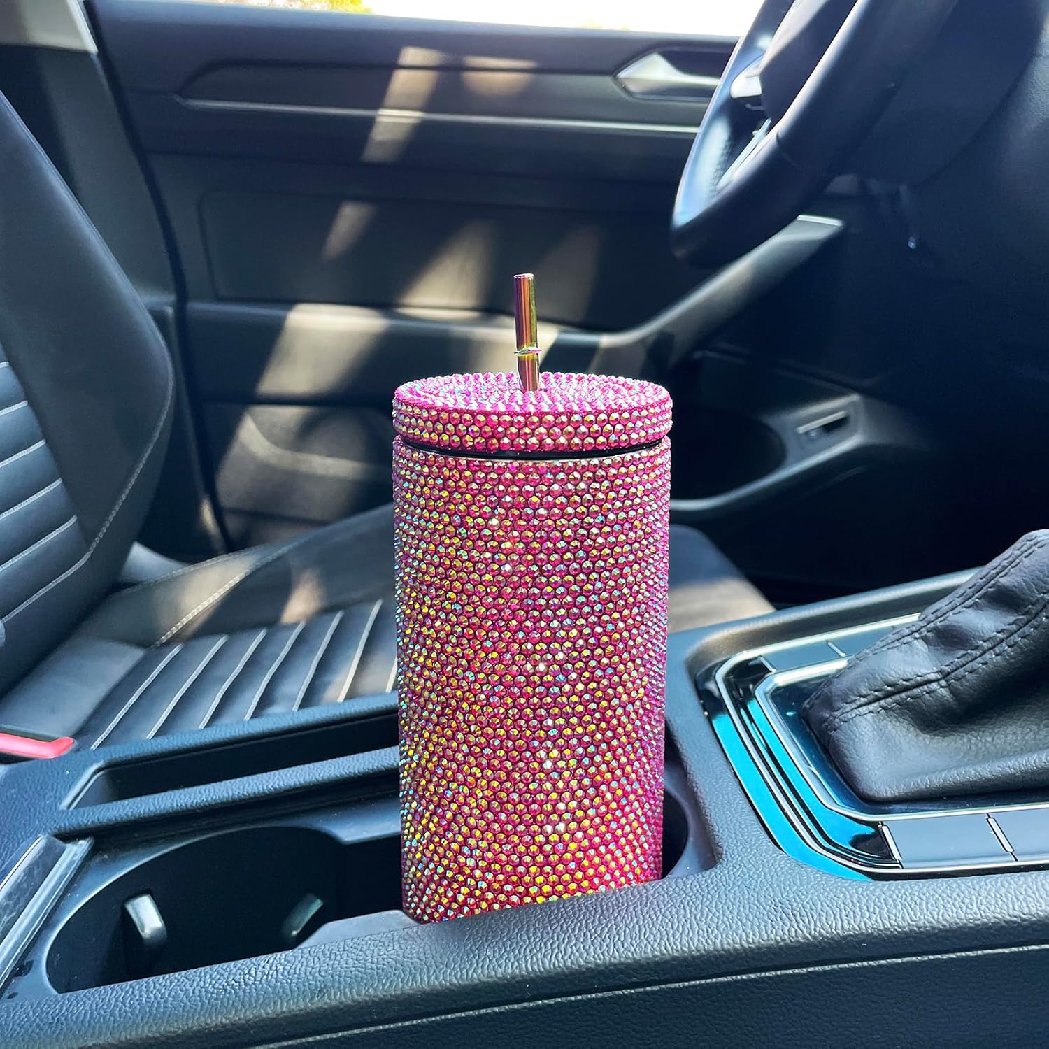 20oz Bling Diamond Tumbler with Lid and Straw Studded Skinny Tumbler Stainless Steel Vacuum Insulated Water Bottle Double Wall Iced Coffee Mug Reusable Glitter Cups (Rose) - Image 7