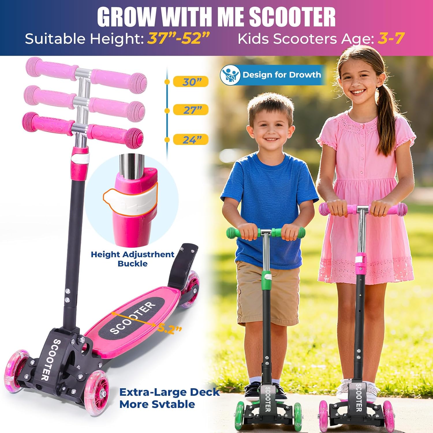 Foldable Kids Scooter with Lean-to-Steer Technology, LED Light-Up Wheels, and Quick-Adjust Handlebar – Ideal Outdoor Gift for Ages 3/4/5/6/7